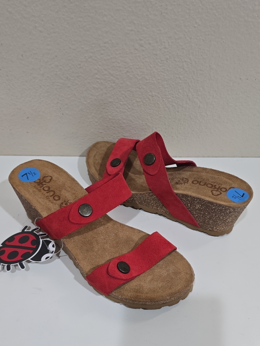 🐞Women's Red Wedge Sandals with Button-Accent Straps